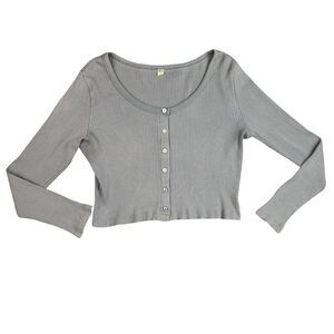 Uniqlo Women's Pewter Ribbed Long Sleeve Buttoned Crop-Top